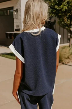 Clearance Dear-Lover Color Block Pocketed T Shirt and Wide Leg Pants Set Navy Blue