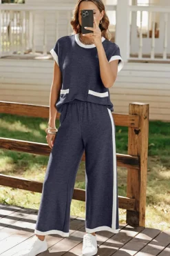Clearance Dear-Lover Color Block Pocketed T Shirt and Wide Leg Pants Set Navy Blue