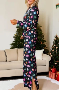 Hot Dear-Lover Colorful Christmas Lights Print Shirt and Pants Pajama Set Navy Blue