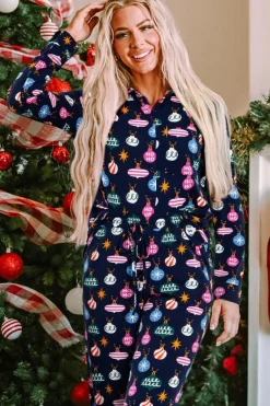 Hot Dear-Lover Colorful Christmas Lights Print Shirt and Pants Pajama Set Navy Blue