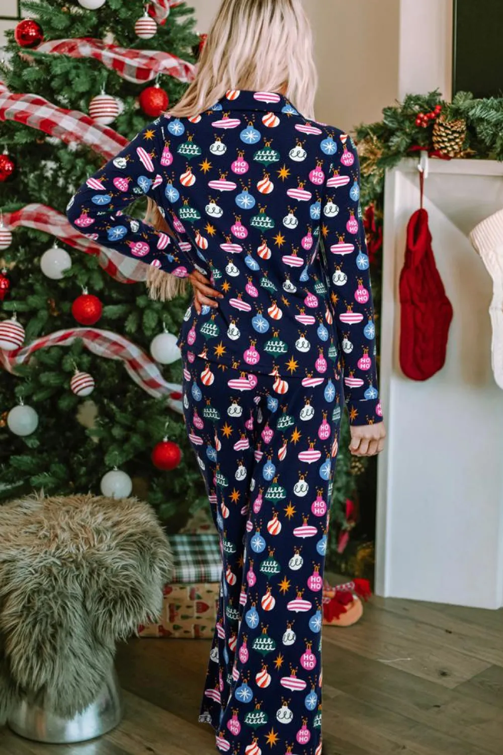 Hot Dear-Lover Colorful Christmas Lights Print Shirt and Pants Pajama Set Navy Blue