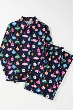 Hot Dear-Lover Colorful Christmas Lights Print Shirt and Pants Pajama Set Navy Blue