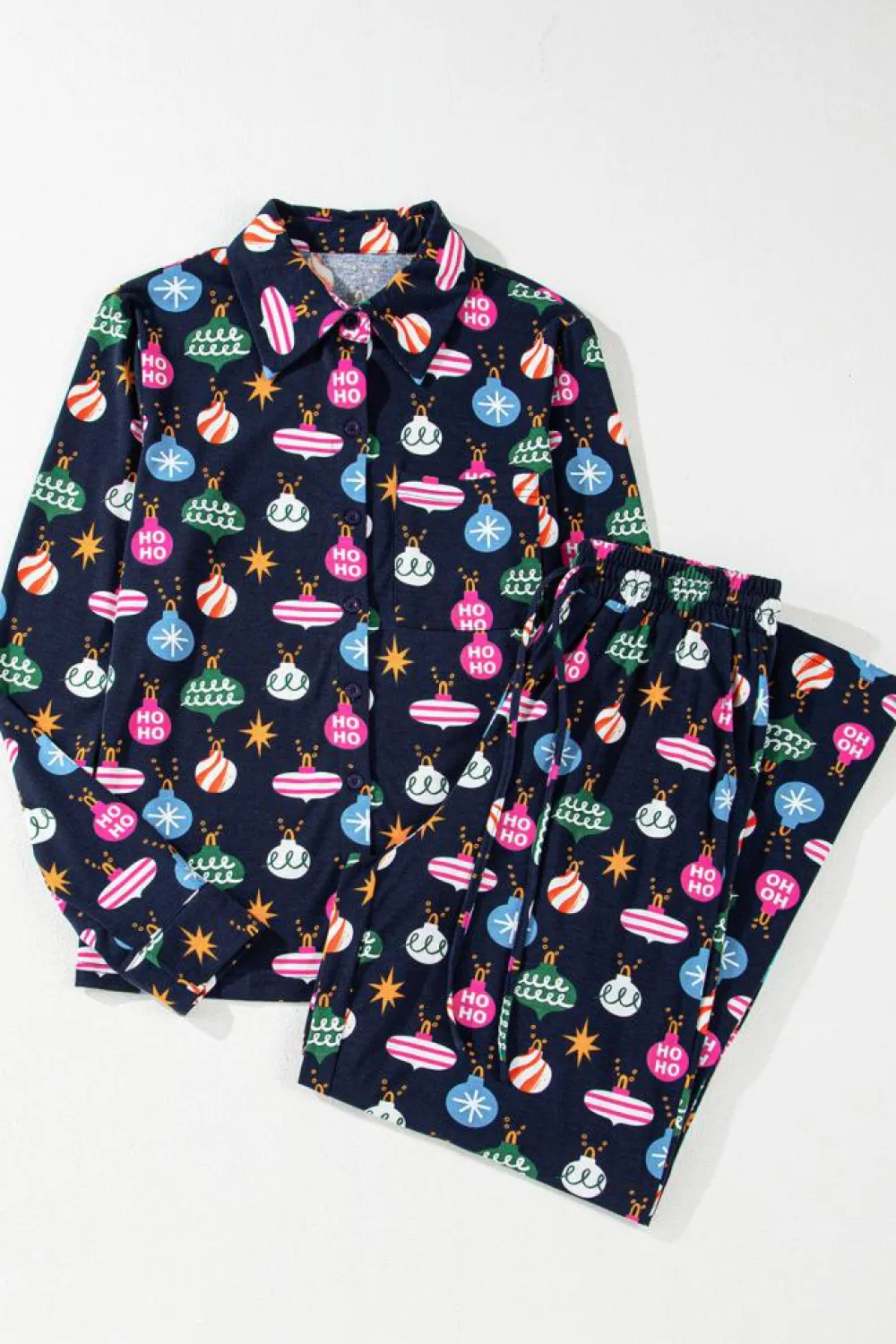 Hot Dear-Lover Colorful Christmas Lights Print Shirt and Pants Pajama Set Navy Blue