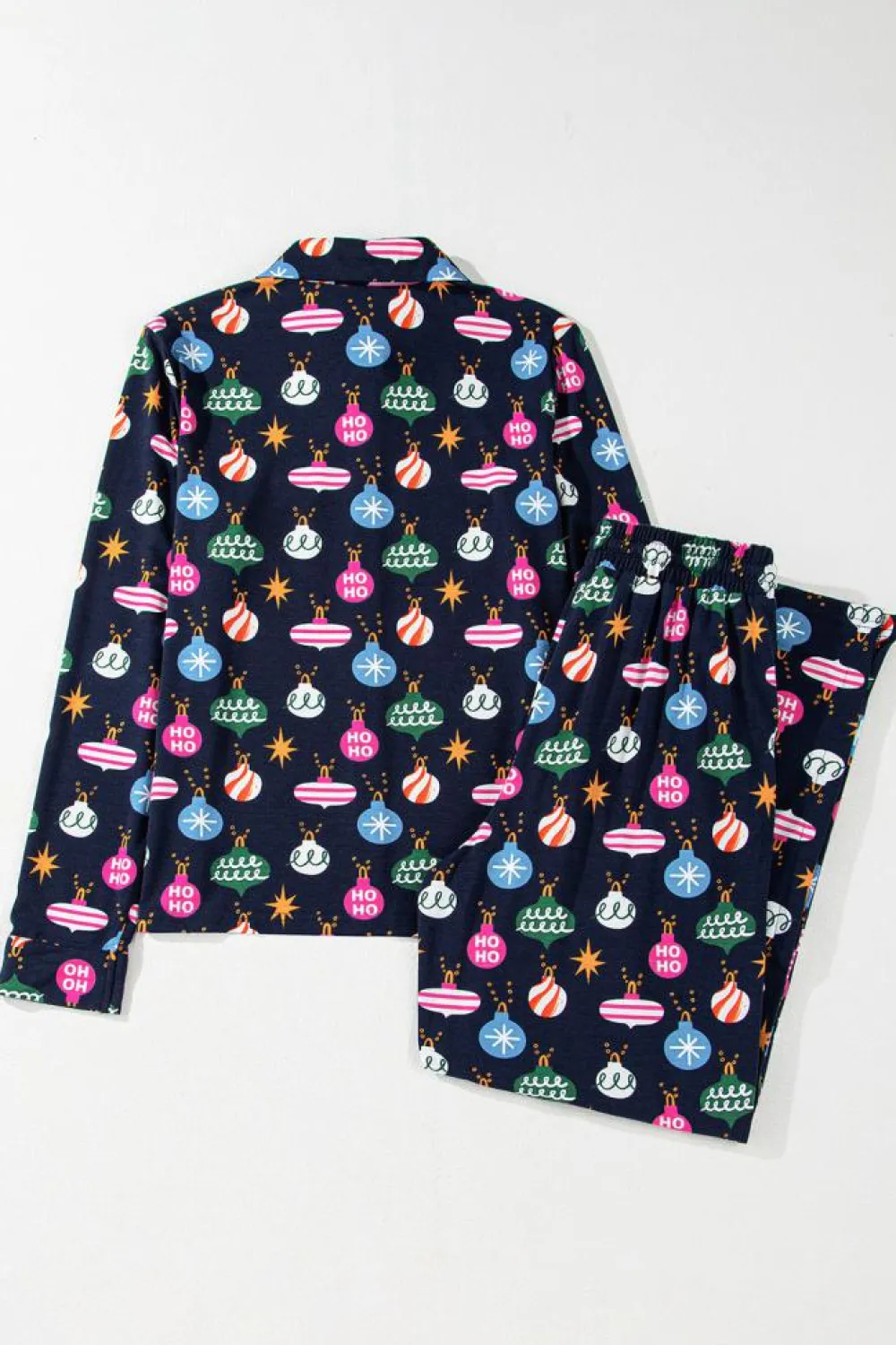 Hot Dear-Lover Colorful Christmas Lights Print Shirt and Pants Pajama Set Navy Blue