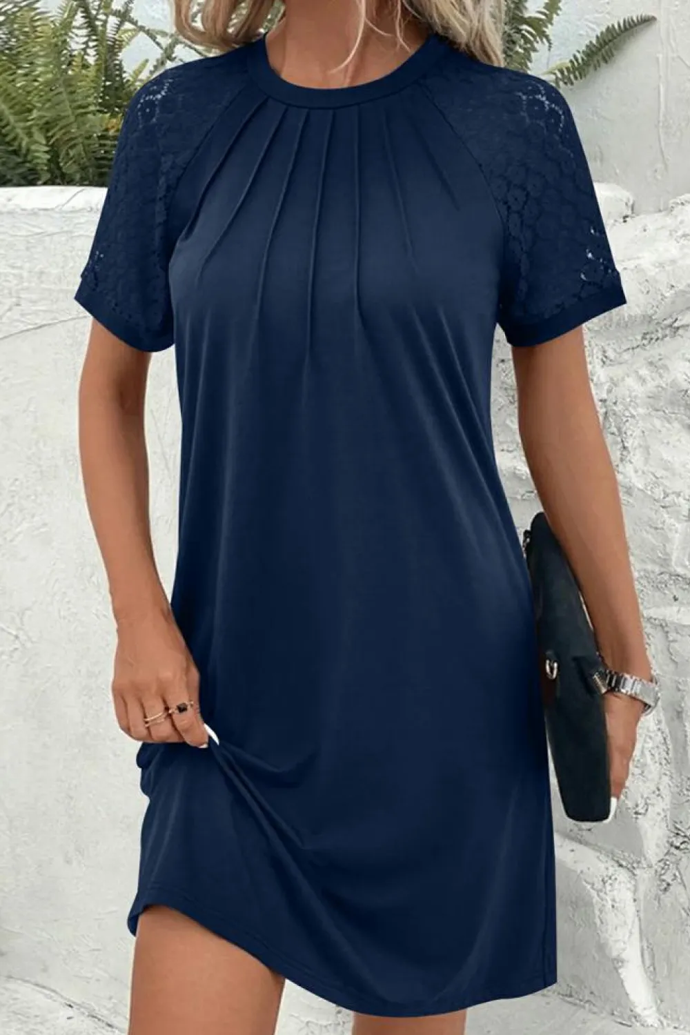Clearance Dear-Lover Contrast Lace Raglan Sleeve Pleated Detail Shift Dress Navy Blue