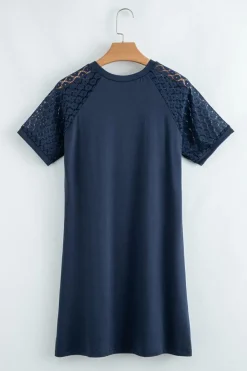 Clearance Dear-Lover Contrast Lace Raglan Sleeve Pleated Detail Shift Dress Navy Blue