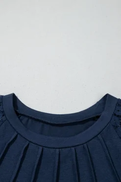 Clearance Dear-Lover Contrast Lace Raglan Sleeve Pleated Detail Shift Dress Navy Blue