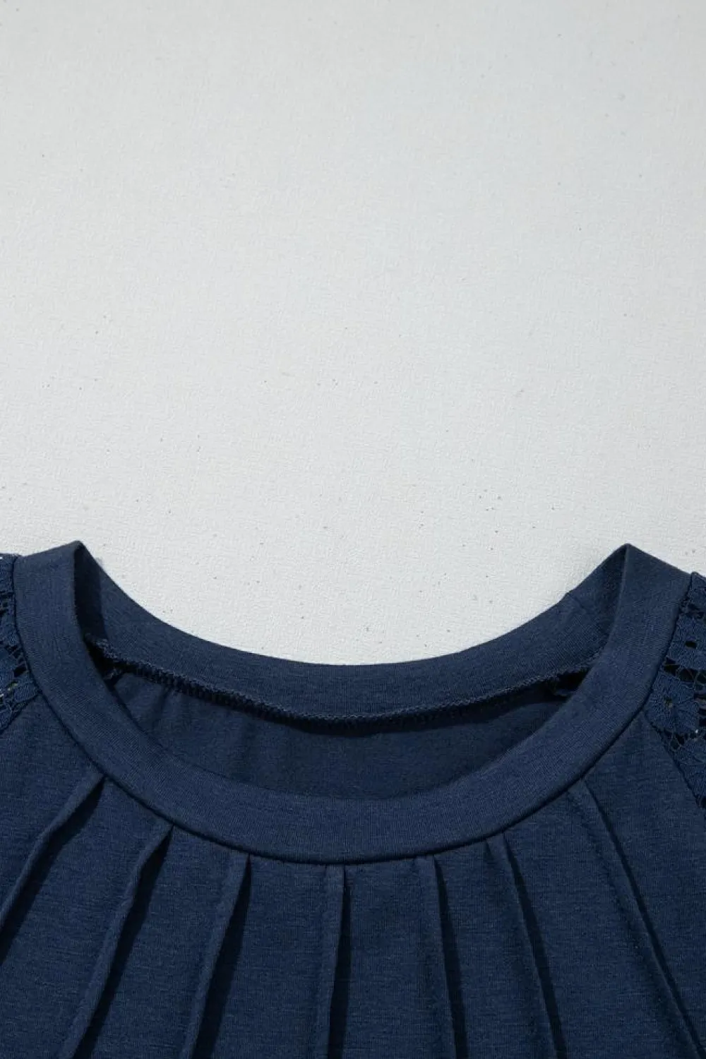 Clearance Dear-Lover Contrast Lace Raglan Sleeve Pleated Detail Shift Dress Navy Blue