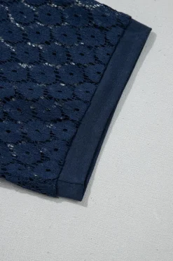 Clearance Dear-Lover Contrast Lace Raglan Sleeve Pleated Detail Shift Dress Navy Blue