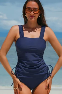 Outlet Dear-Lover Drawstring Ruched Wide Straps Tankini Set Navy Blue