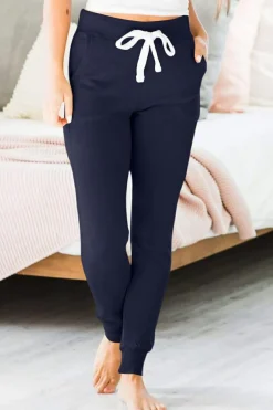 Fashion Dear-Lover Drawstring Waist Pocketed Joggers Navy Blue