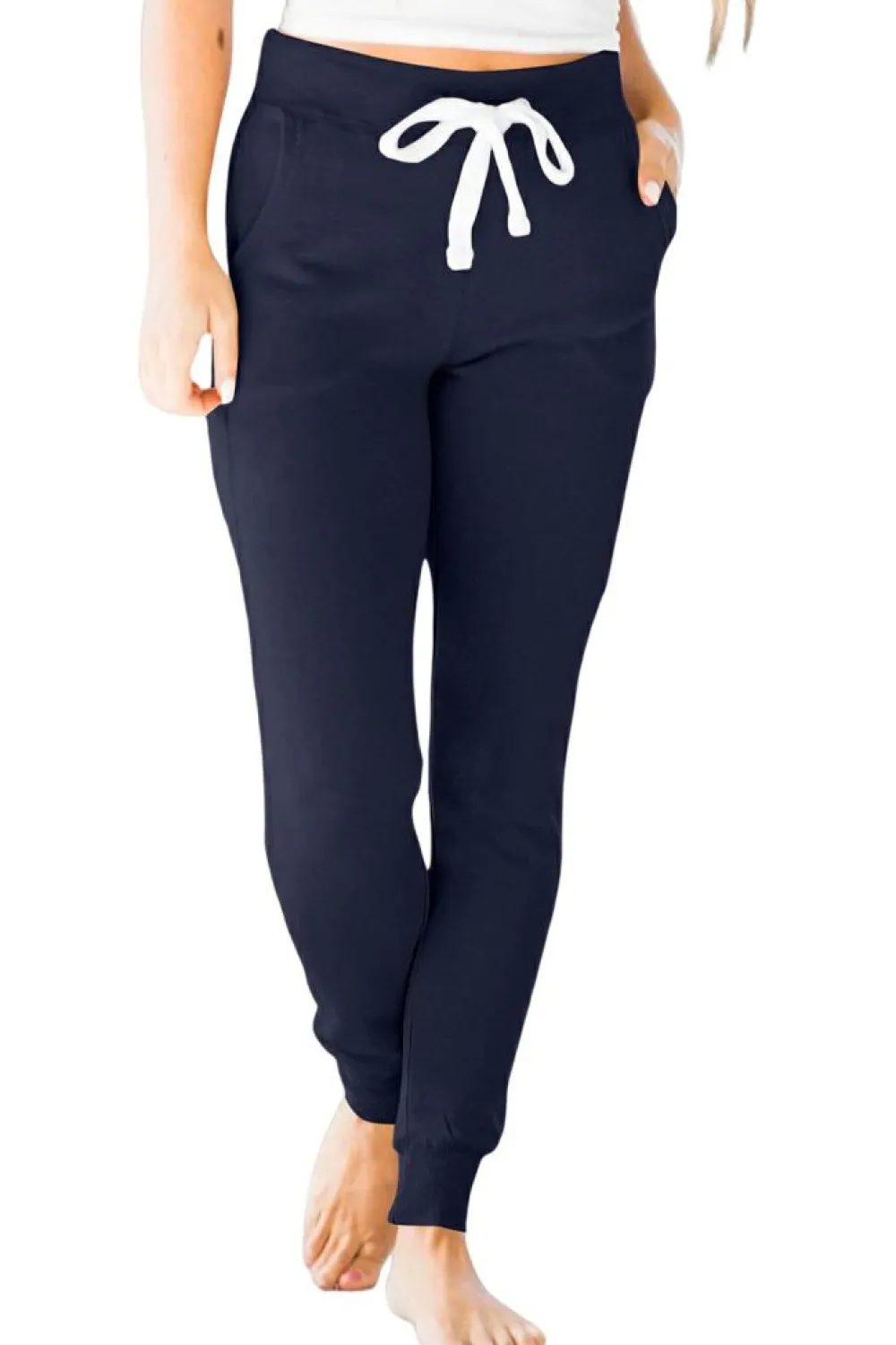 Fashion Dear-Lover Drawstring Waist Pocketed Joggers Navy Blue