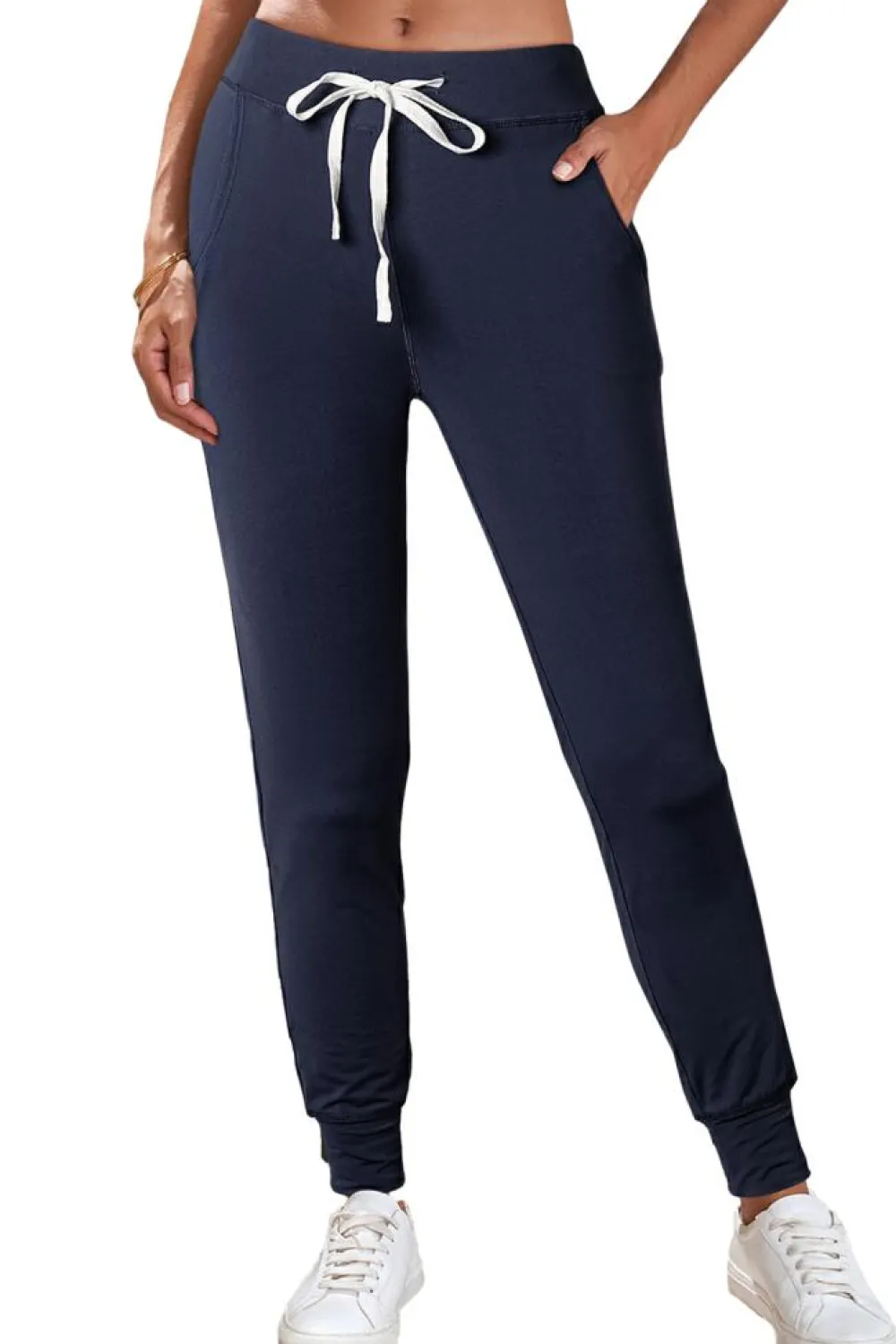 Fashion Dear-Lover Drawstring Waist Pocketed Joggers Navy Blue