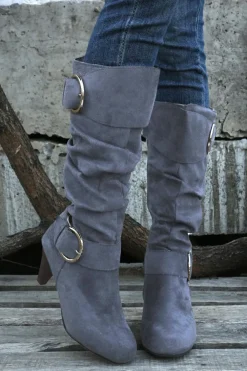 Outlet Dear-Lover Dual Buckle Strap Side Zip Heeled Mid Calf Boots Navy Blue