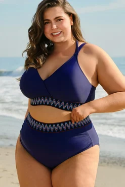 Outlet Dear-Lover Embroidered Trim Wrap Tie Knot Plus Size High Waisted Bikini Navy Blue