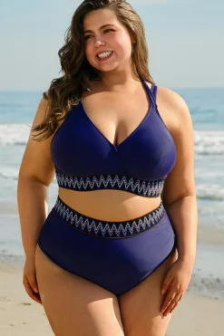 Outlet Dear-Lover Embroidered Trim Wrap Tie Knot Plus Size High Waisted Bikini Navy Blue