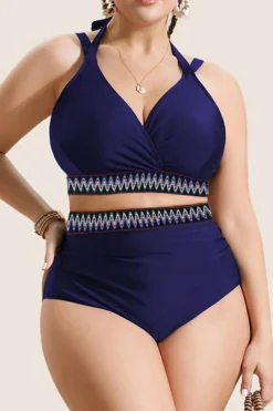 Outlet Dear-Lover Embroidered Trim Wrap Tie Knot Plus Size High Waisted Bikini Navy Blue