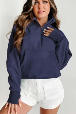Best Dear-Lover Fleece Lined Zip Up Stand Collar Thumbhole Sleeve Sweatshirt Navy Blue