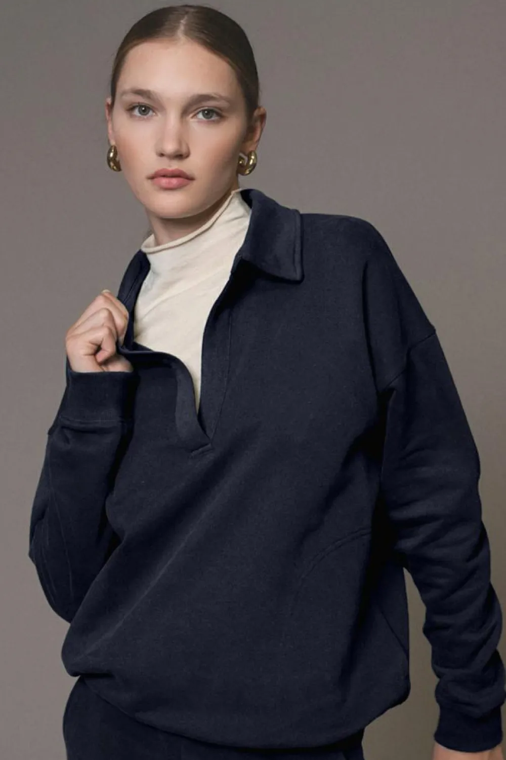 Outlet Dear-Lover Fold Down Collar Pullover and Joggers Tracksuit Navy Blue