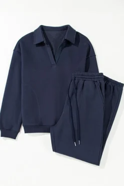 Outlet Dear-Lover Fold Down Collar Pullover and Joggers Tracksuit Navy Blue