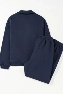 Outlet Dear-Lover Fold Down Collar Pullover and Joggers Tracksuit Navy Blue