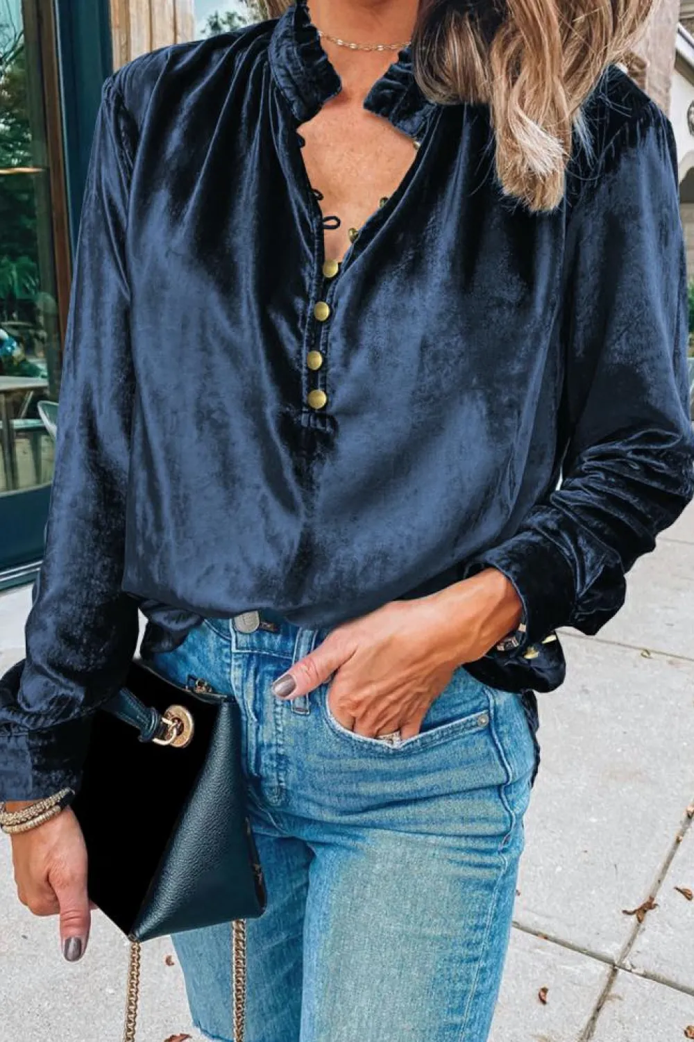 Hot Dear-Lover Frilled Neck Buttoned Front Velvet Top Navy Blue