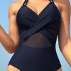 Online Dear-Lover Halter Mesh Insert Cross Front One-Piece Swimsuit Navy Blue