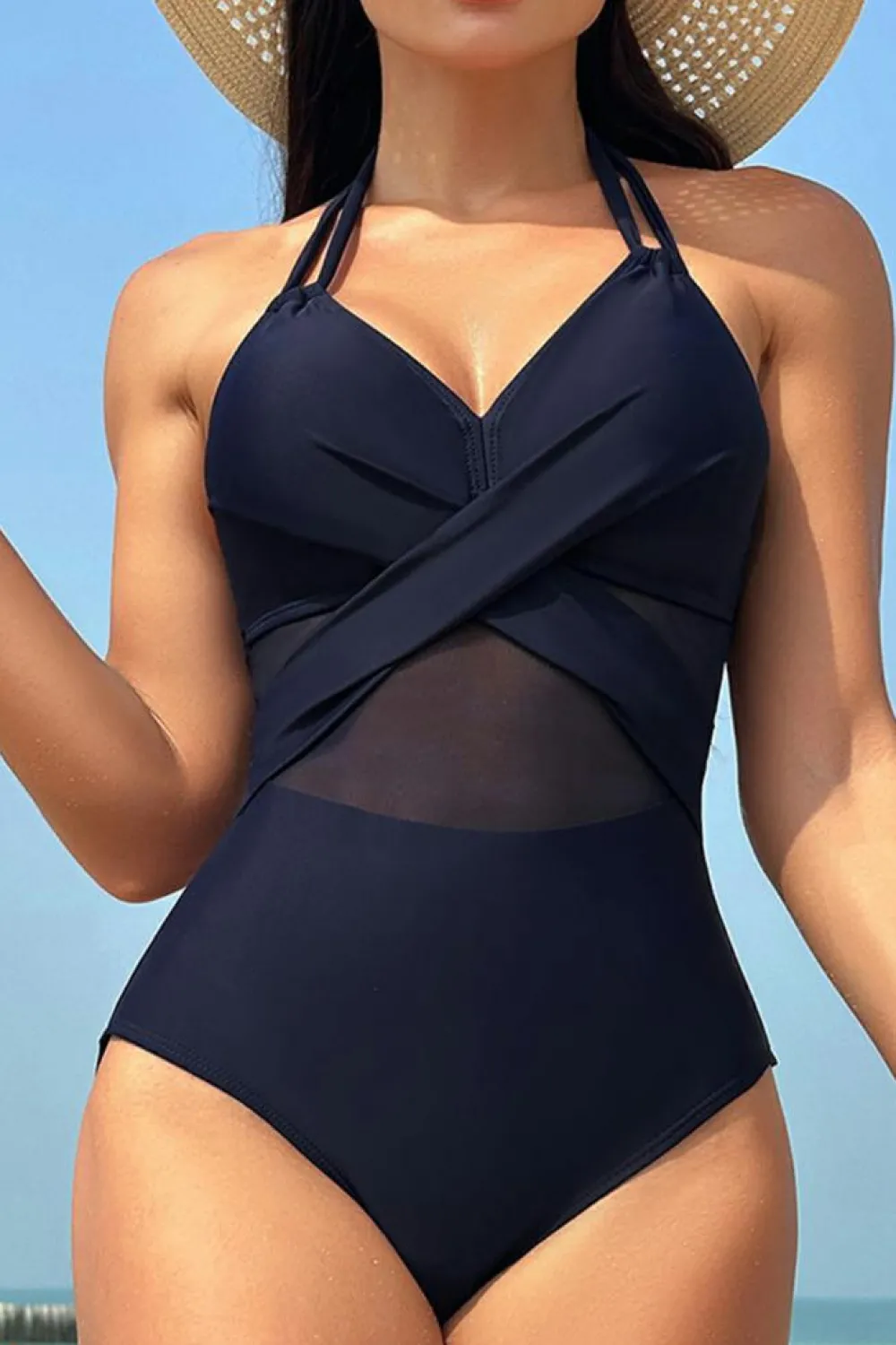 Online Dear-Lover Halter Mesh Insert Cross Front One-Piece Swimsuit Navy Blue