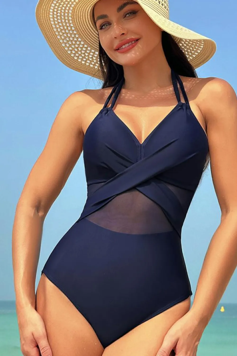 Online Dear-Lover Halter Mesh Insert Cross Front One-Piece Swimsuit Navy Blue