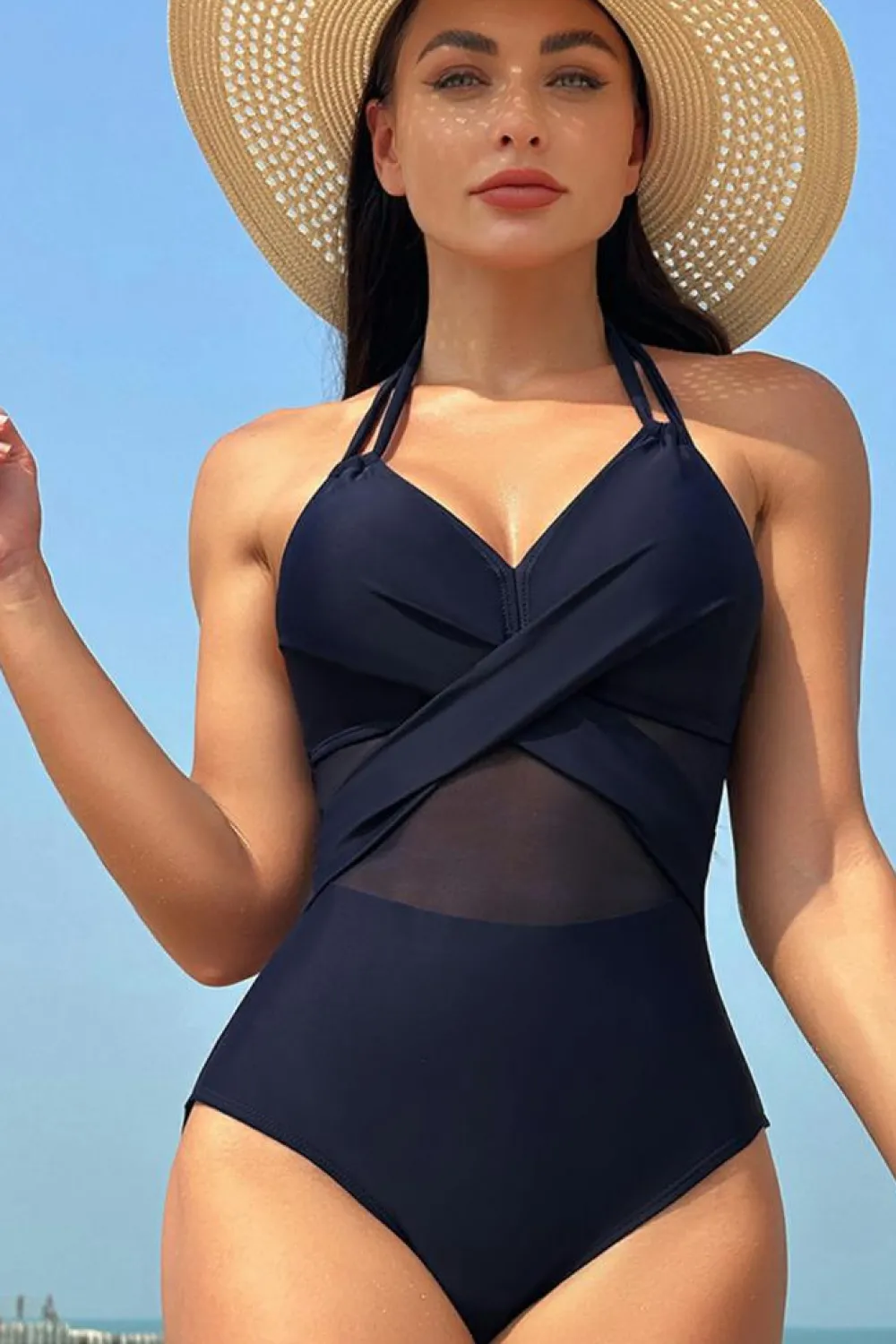 Online Dear-Lover Halter Mesh Insert Cross Front One-Piece Swimsuit Navy Blue