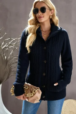 Best Dear-Lover Long Sleeve Button-up Hooded Cardigans Navy Blue