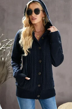 Best Dear-Lover Long Sleeve Button-up Hooded Cardigans Navy Blue