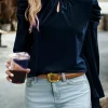 Hot Dear-Lover Mock Neck Puff Sleeve Velvet Blouse Navy Blue