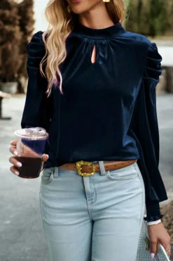 Hot Dear-Lover Mock Neck Puff Sleeve Velvet Blouse Navy Blue