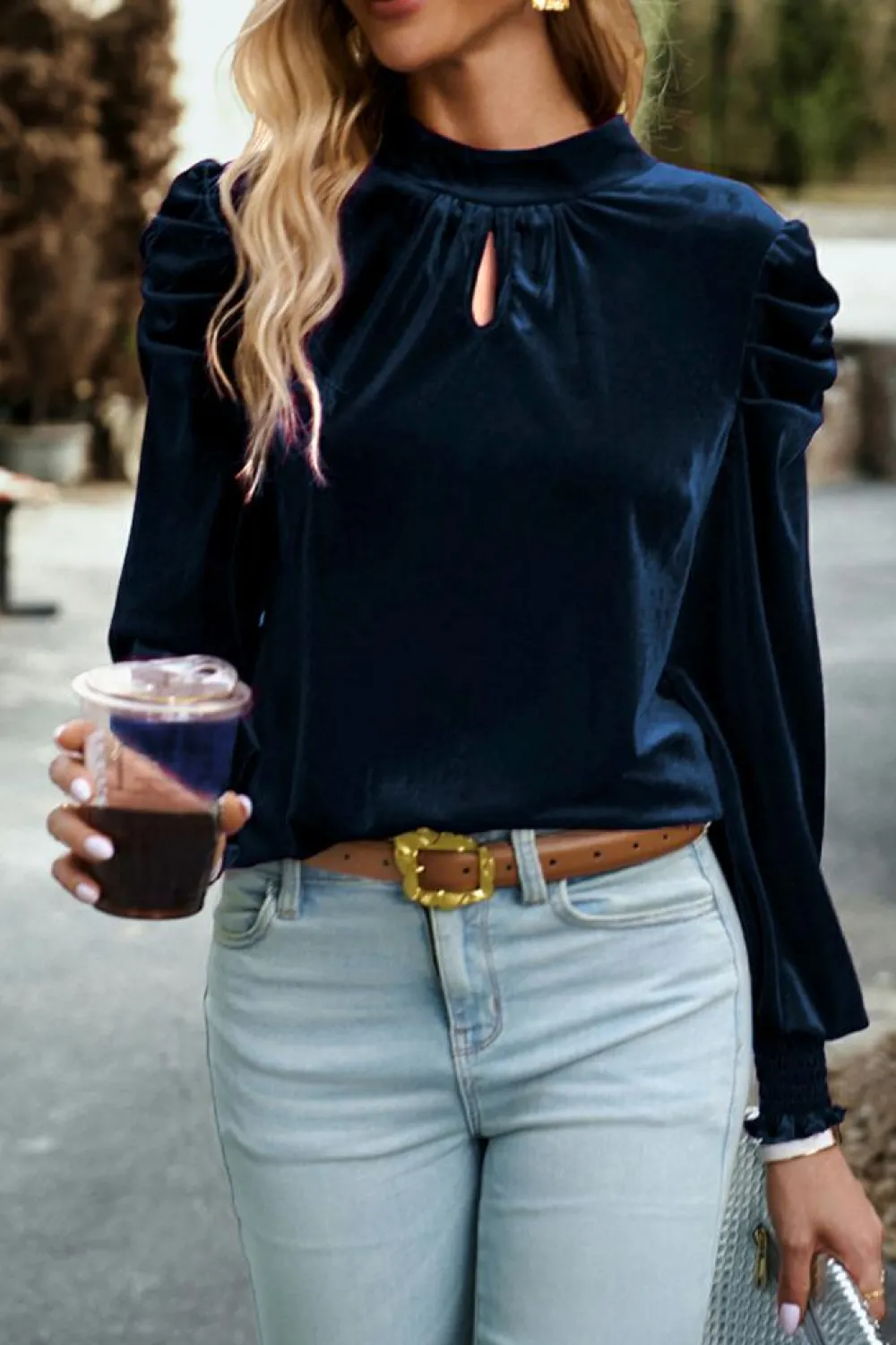 Hot Dear-Lover Mock Neck Puff Sleeve Velvet Blouse Navy Blue