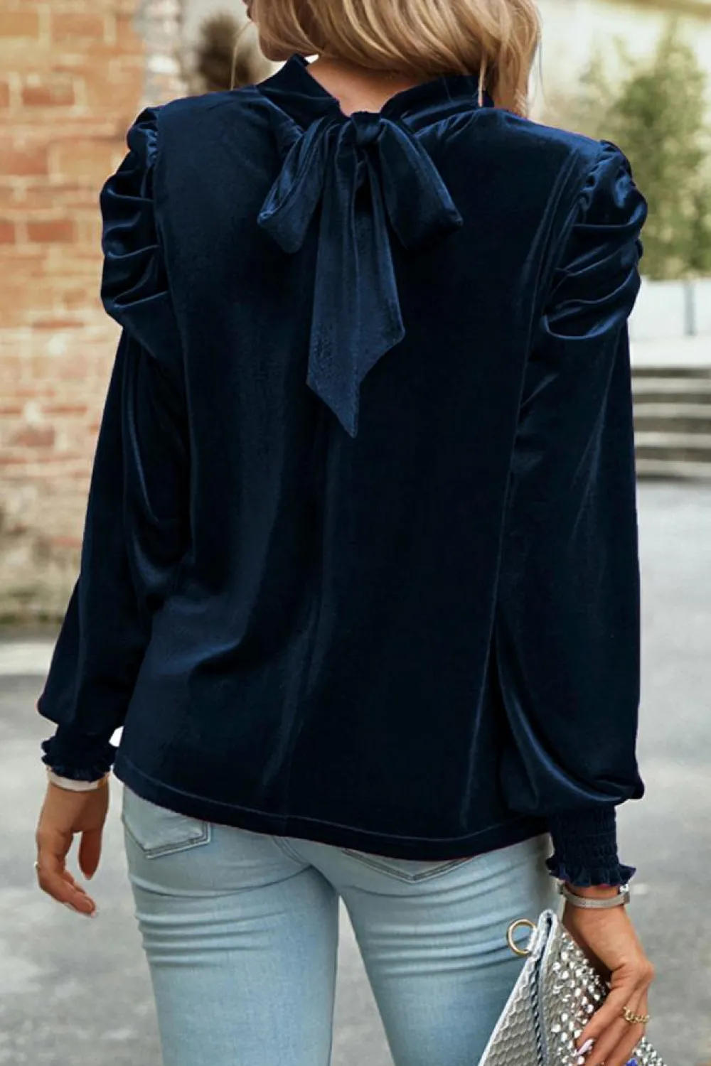 Hot Dear-Lover Mock Neck Puff Sleeve Velvet Blouse Navy Blue
