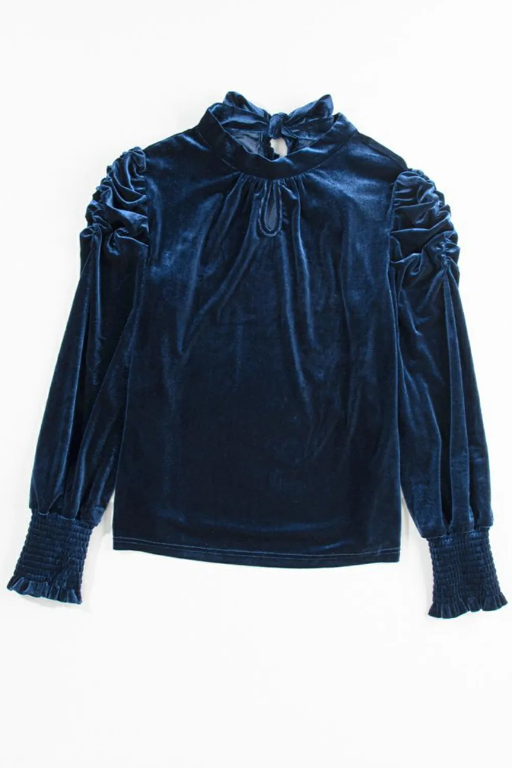 Hot Dear-Lover Mock Neck Puff Sleeve Velvet Blouse Navy Blue