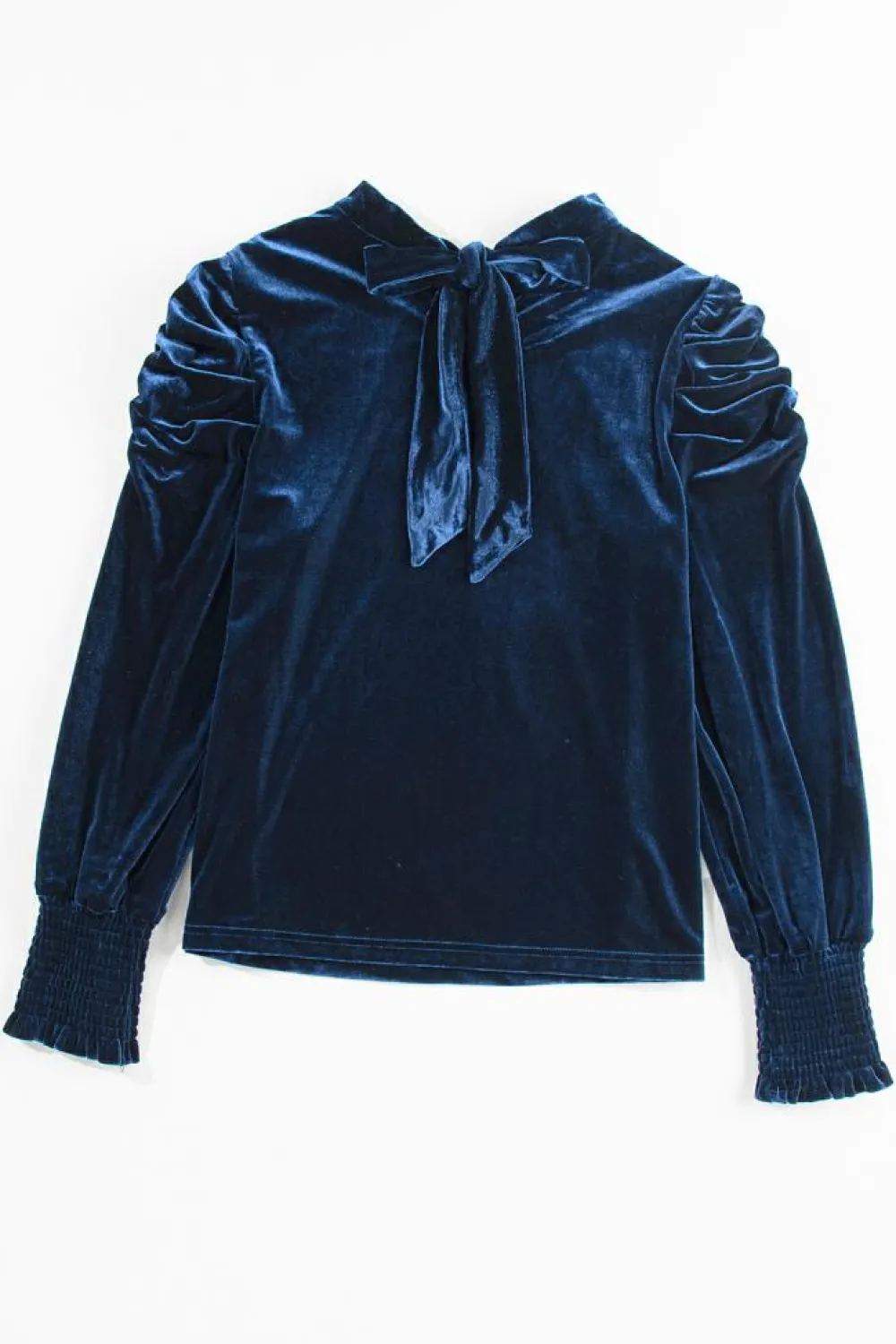 Hot Dear-Lover Mock Neck Puff Sleeve Velvet Blouse Navy Blue