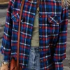 Clearance Dear-Lover Plaid Flap Pocket Button Up Shacket Navy Blue