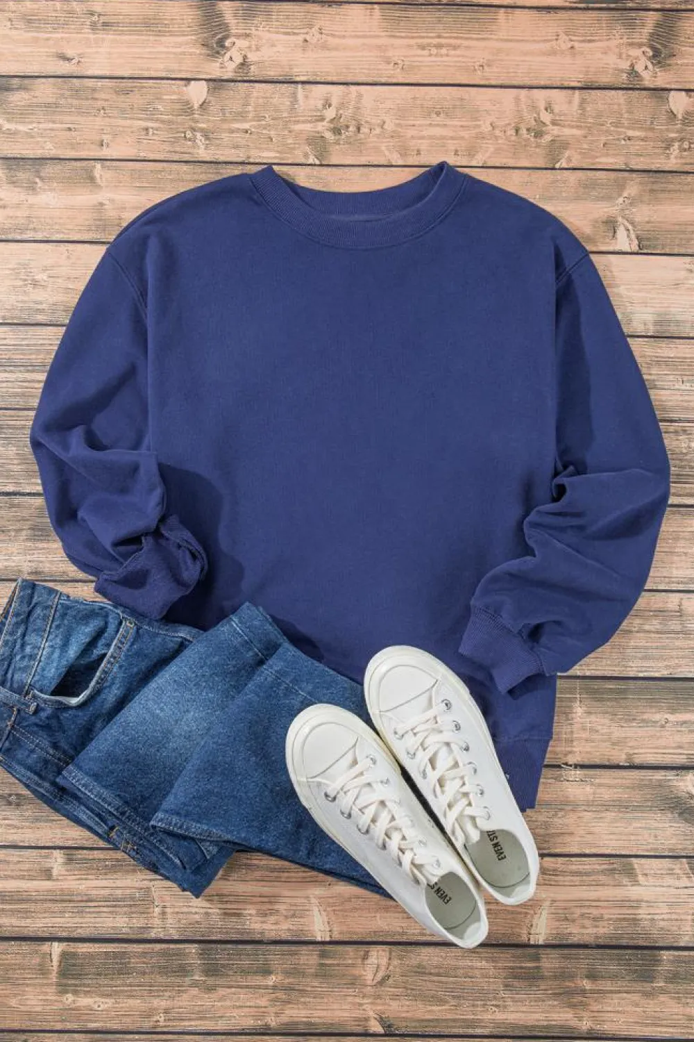 New Dear-Lover Plain Drop Shoulder Crewneck Pullover Sweatshirt Navy Blue