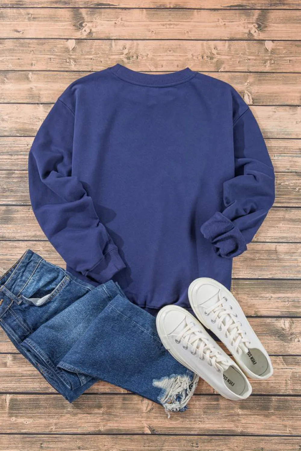 New Dear-Lover Plain Drop Shoulder Crewneck Pullover Sweatshirt Navy Blue