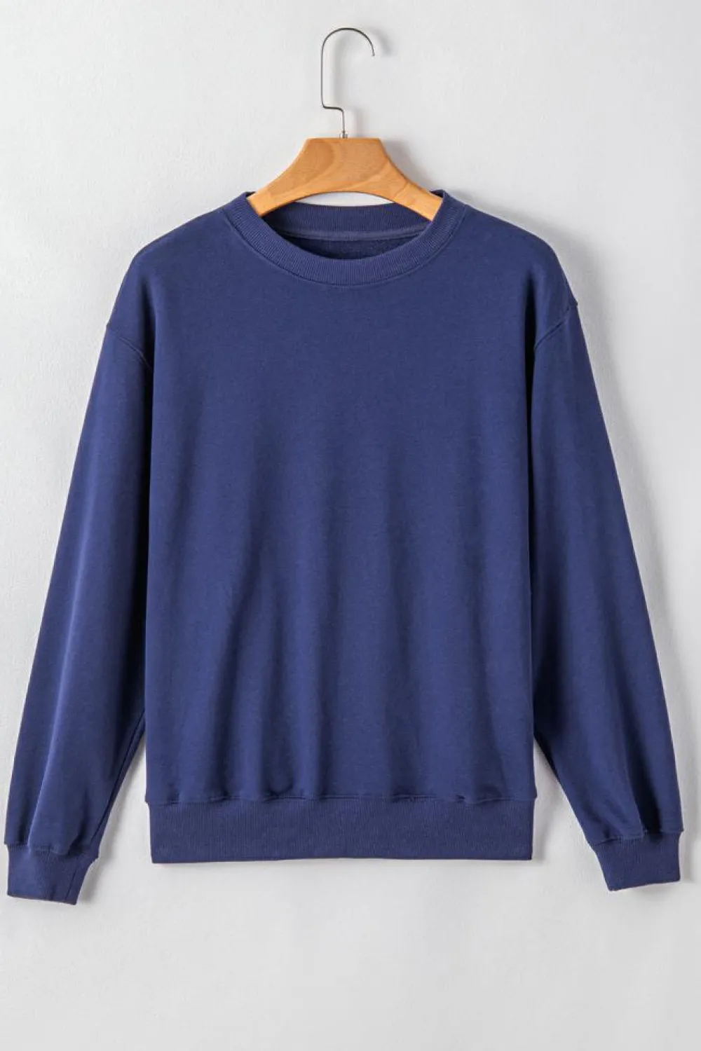 New Dear-Lover Plain Drop Shoulder Crewneck Pullover Sweatshirt Navy Blue