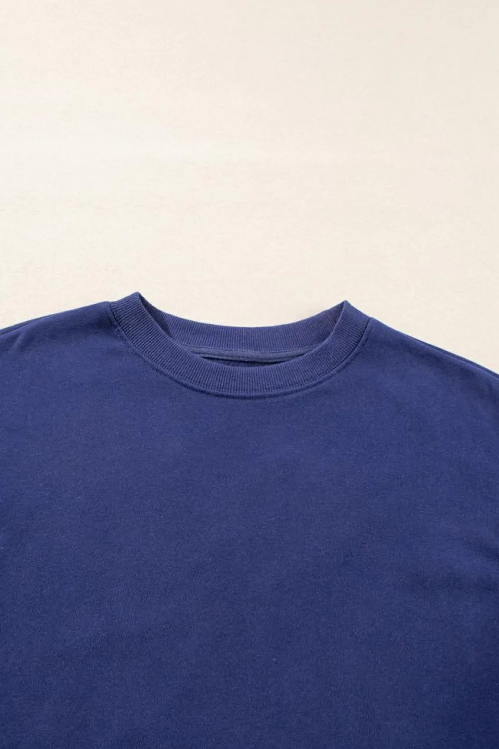 New Dear-Lover Plain Drop Shoulder Crewneck Pullover Sweatshirt Navy Blue