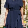 Clearance Dear-Lover Pleated Round Neck Butterfly Sleeve Ruffle Trim Belted Mini Dress Navy Blue