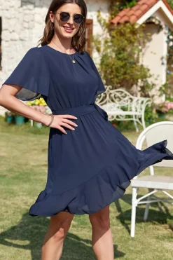 Clearance Dear-Lover Pleated Round Neck Butterfly Sleeve Ruffle Trim Belted Mini Dress Navy Blue