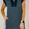 Hot Dear-Lover Quarter Zip Collared Cap Sleeve Mini Dress Navy Blue