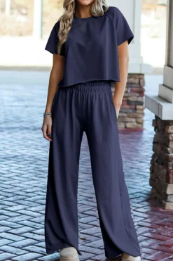 Hot Dear-Lover Raw Hem Loose Tee and Wide Leg Pants Set Navy Blue