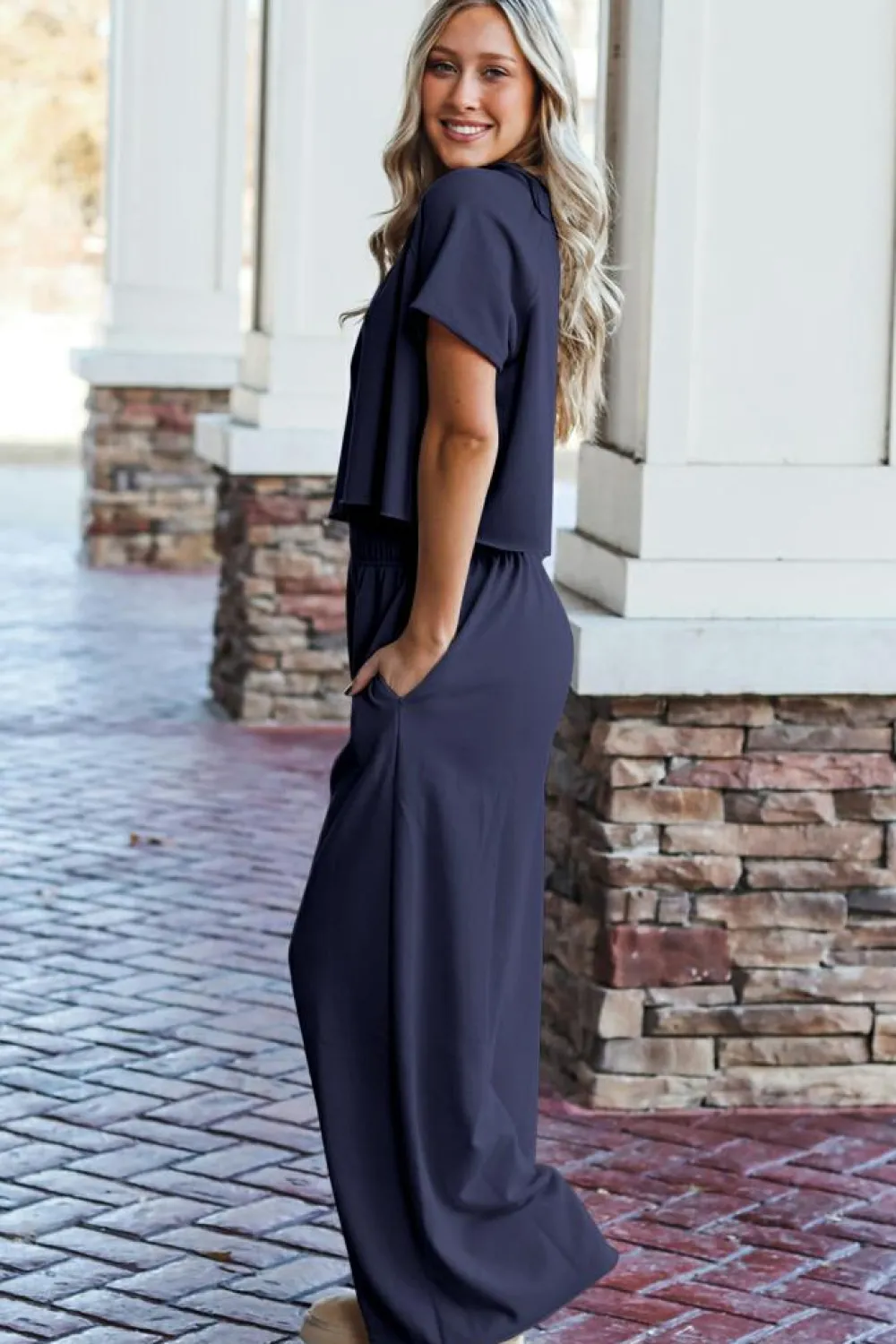 Hot Dear-Lover Raw Hem Loose Tee and Wide Leg Pants Set Navy Blue