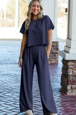 Hot Dear-Lover Raw Hem Loose Tee and Wide Leg Pants Set Navy Blue