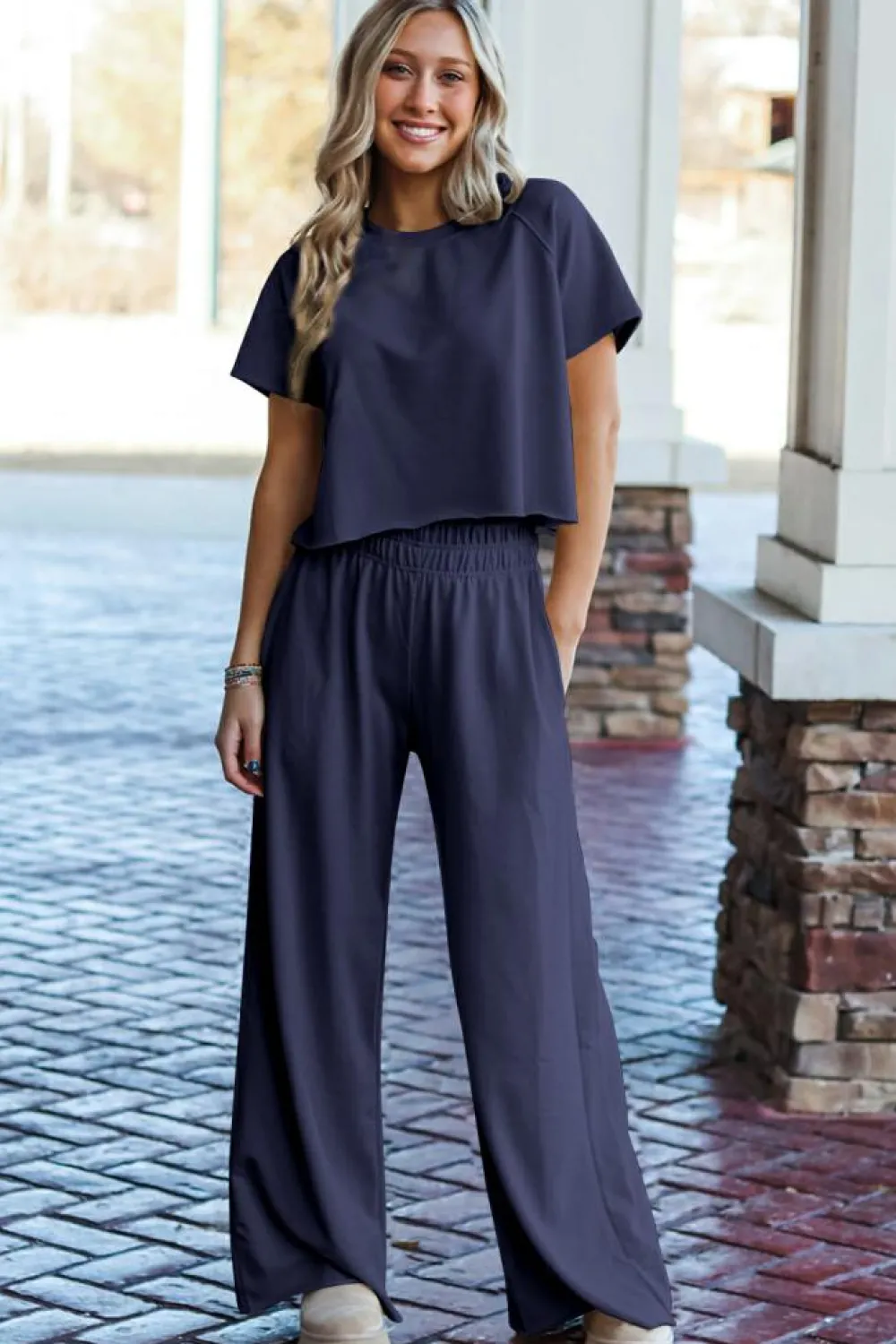 Hot Dear-Lover Raw Hem Loose Tee and Wide Leg Pants Set Navy Blue